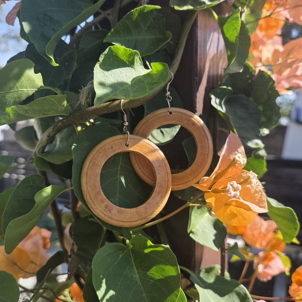 SOLD - Vintage Wood Hoop Earrings / Light Brown Hoops - Picture 1 of 4